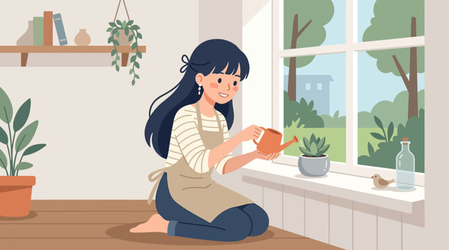A gentle Flat Design illustration of a cute anime girl watering a potted houseplant by a window. This modern vector artwork symbolizes nurturing, home care, and a connection with nature indoors.