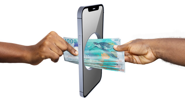 Conceptual digital payment or remittance in the Maldives. Hands pass a stack of blue 1,000 Rufiyaa banknotes, featuring sea turtle designs, through a hole in a smartphone against a white background.