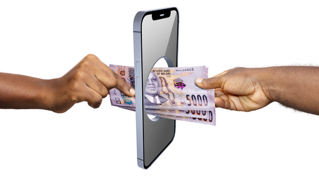 A smartphone serves as a digital portal for a 5,000 Malawian Kwacha money transfer. This visual represents Malawi's growing fintech sector, mobile wallet security, and cashless payment innovation.