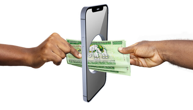 A creative depiction of mobile banking in Myanmar. Hands transfer a stack of 20,000 Kyat banknotes, featuring the white elephant design, through a hole in a smartphone to represent digital remittance.