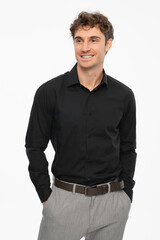 Fototapeta premium Confident business man company owner entrepreneur smiling professional executive manager businessman leader looking away standing isolated white studio background portrait. Vertical shot