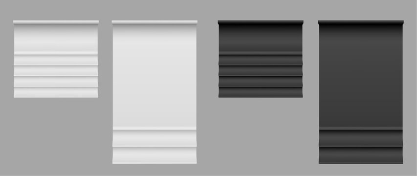 Realistic 3d window blinds set isolated on background. Vector illustration of white and black textile roller shades, open and closed vertical jalousie, modern home or office interior curtain designs