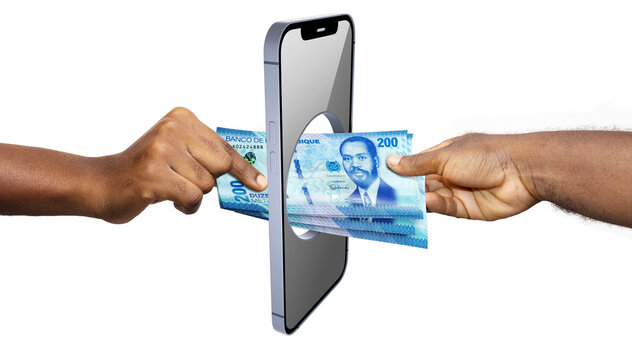 A conceptual visual of two hands exchanging Mozambican 200 Meticais banknotes through a portal in a smartphone screen, representing mobile money, digital transfers, and fintech in Mozambique.
