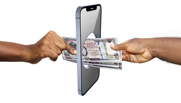 A creative concept of mobile banking in Nepal, showing hands exchanging 1000 Nepalese Rupee notes through a smartphone screen portal, representing digital payments and electronic money transfers.