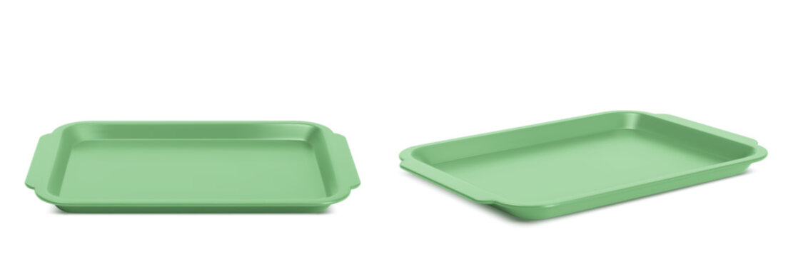 Empty plastic lunch tray with handles for cafeteria meals, angle side view, 3D realistic vector illustration isolated on white background. Green isometric mockup for fast food service design