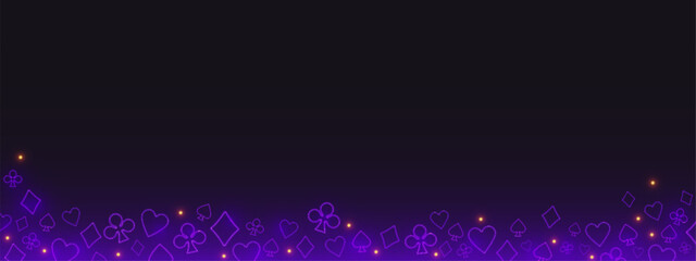Plakat Neon online gambling casino border, purple poker card signs glowing on dark background. 3D Vegas blackjack game banner with futuristic design and outline symbols, vector illustration