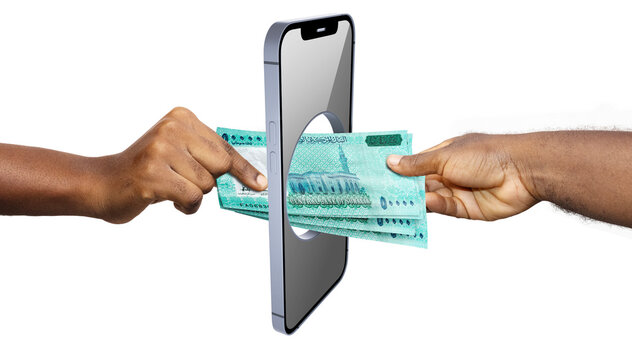This image shows Somali Shillings being passed through a smartphone, symbolizing the shift to mobile money. It highlights Somalia's leading role in digital finance and financial inclusion.