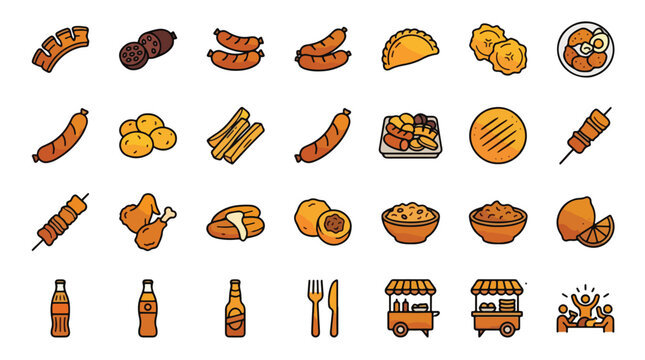 Colombian Street Food Icon Set in Filled Line Style. A collection of food icons including chorizo, empanada, arepa, morcilla, potato, chuzo, soda, beer, food cart, and more. Editable Stroke.
