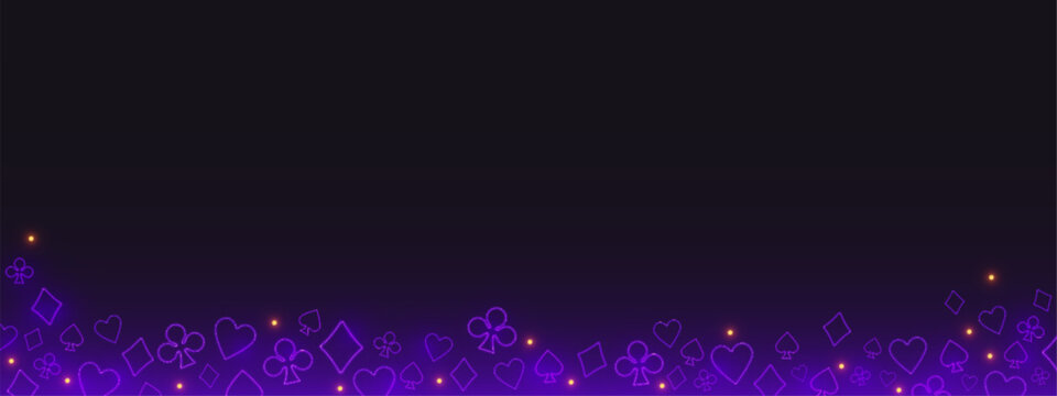 Neon online gambling casino border, purple poker card signs glowing on dark background. 3D Vegas blackjack game banner with futuristic design and outline symbols, vector illustration