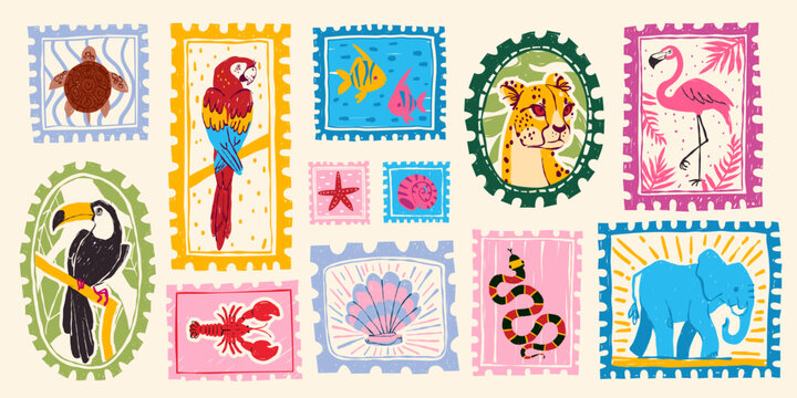 Vintage summer hand drawn postage stamps with tropical beach elements, postcard frames,vector sticker illustrations. Exotic vacation motifs with flamingo, retro travel designs and coastal prints.