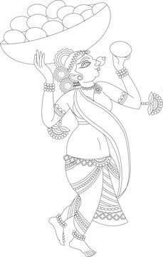 	
Lord's Servant, Gopika, or Sevika, has drawn in Indian folk art, Kalamkari style. Pattachitra from Osiasha, India. for textile printing, logo, and wallpaper.	
