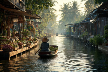 Obraz premium A traditional Thai floating market along a canal lined with stilt wooden houses, where vendors sell their goods from boats.