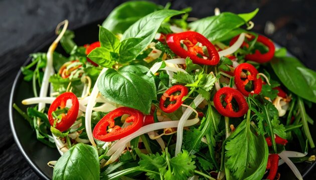 Vibrant Vietnamese Salad with Fresh Herbs and Chili Peppers.