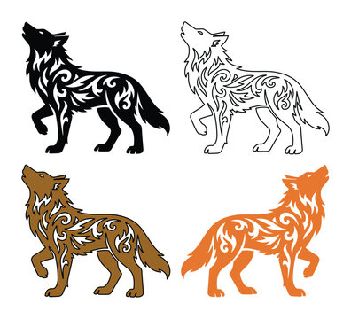 Lobo tribal en estilo tatuaje, conjunto de 4 siluetas de lobos aullando, gr&aacute;ficos vectoriales de animales salvajes para logotipos y pegatinas