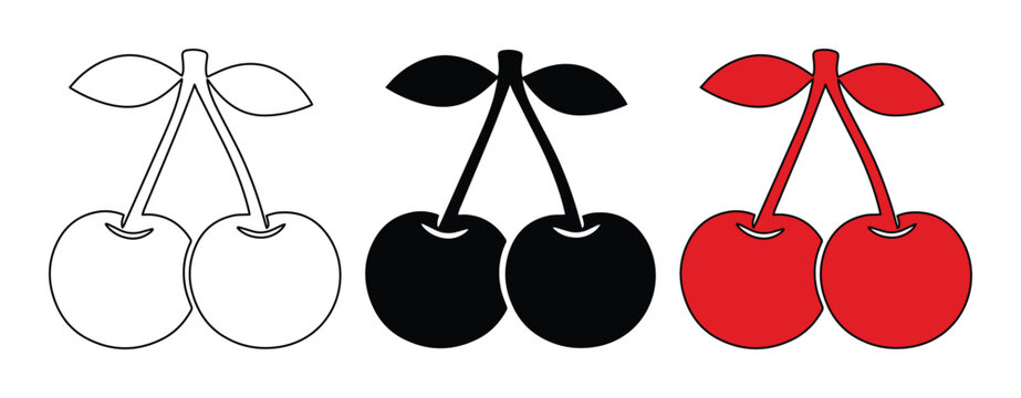 Cerezas en estilo minimalista, iconos de frutas dulces en tres variantes, ilustraci&oacute;n vectorial de cereza roja y silueta negra