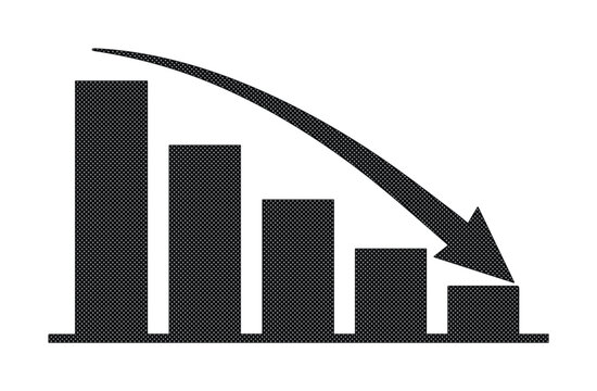 Gr&aacute;fico de barras descendente con flecha hacia abajo, icono de crisis econ&oacute;mica y p&eacute;rdida financiera, ilustraci&oacute;n de fracaso empresarial
