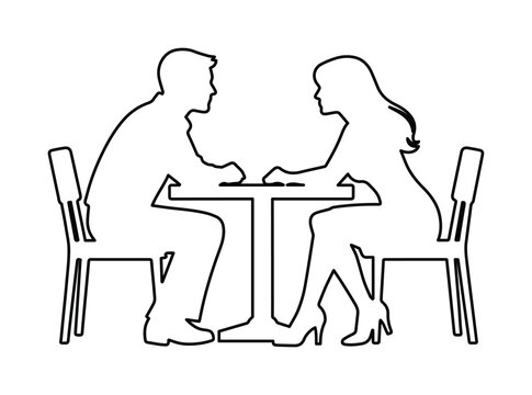 Silueta lineal de pareja en cita rom&aacute;ntica, dibujo de contorno de hombre y mujer sentados en una mesa, ilustraci&oacute;n vectorial minimalista