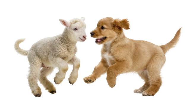 Playful young lamb and golden retriever puppy jumping, isolated on transparent background