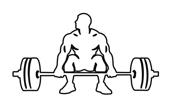 Silueta de levantador de pesas en estilo lineal, icono de hombre musculoso haciendo peso muerto, gr&aacute;fico vectorial de fitness y gimnasio