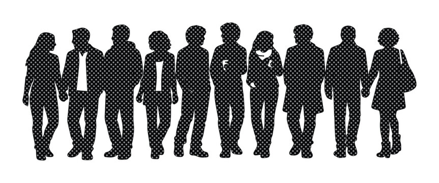 Siluetas de personas caminando en grupo, conjunto de figuras humanas negras sobre fondo blanco, multitud de hombres y mujeres en estilo vector