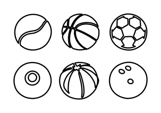 Iconos de pelotas de deporte en estilo lineal, conjunto de 6 balones deportivos vectoriales, ilustraciones de contorno negro para dise&ntilde;o