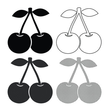 Cerezas en estilo minimalista, conjunto de 4 iconos de cereza en formato vectorial, ilustraci&oacute;n de fruta dulce para dise&ntilde;o gr&aacute;fico y logotipos