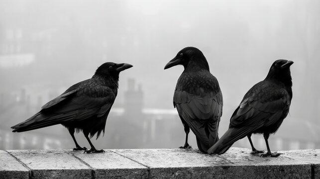 Three crows standing on a ledge in thick fog