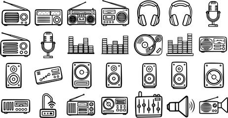 Fototapeta premium Black and White Line Art Icons of Audio Equipment: Radios, Speakers, Headphones, Microphone, Turntable, Mixer, VU Meters, Cassette