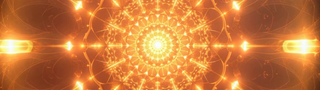 Golden spiritual mandala pattern forming sacred geometry and radiating light, representing peace and meditation.