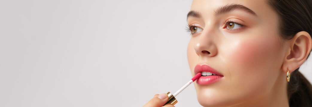 Young woman applying pink lip gloss. Female model with flushed cheeks and natural makeup. Spring seasonal cosmetics banner