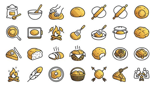 Bannock bread making icons in line style. A collection of linear icons for traditional cooking, including flour, kneading hands, dough, skillet, campfire, loaf, spatula