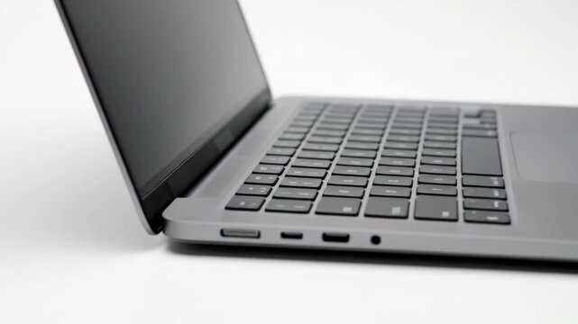 A modern 14-inch laptop with a blank display shown in a clean perspective view on a white background, detailed keyboard and sleek aluminum body, digital device ready for web and app presentation, soft
