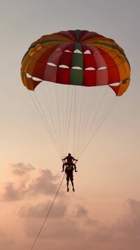 Parasailing activity over the sea at sunset on Phuket island, Thailand. Tourist flying with colorful parachute above the ocean with boats and jet skis on the shore during golden hour.