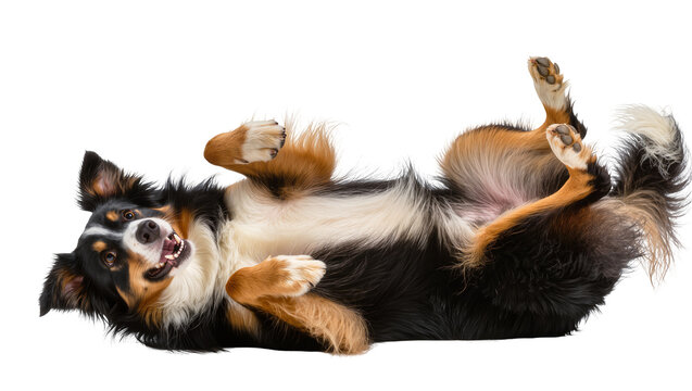 Happy tricolor Australian Shepherd dog rolling on its back, isolated on transparent background