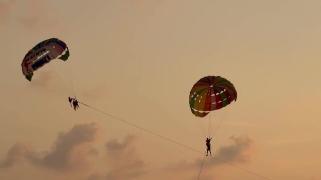 Parasailing activity over the sea at sunset on Phuket island, Thailand. Tourist flying with colorful parachute above the ocean with boats and jet skis on the shore during golden hour.
