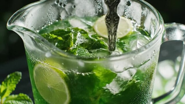 Refreshing green mojito cocktail in a glass pitcher with mint leaves lime ice and a stirring spoon