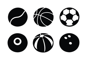 Fototapeta premium Sports balls vector icon set, six black silhouette athletic equipment graphics, including tennis, basketball, soccer, baseball, beach, and bowling balls