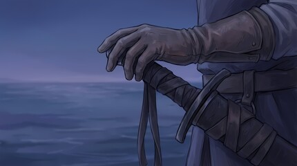 Close up illustration of a warrior's gloved hand resting on a sword hilt against a somber ocean background, symbolizing war.