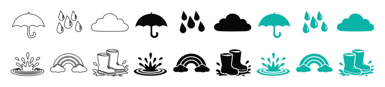 Weather icon set, 24 minimalist vector symbols for rain, umbrella, cloud, rainbow, and puddle splash. Modern climate graphics for web, app, and design projects.
