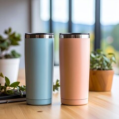 Fototapeta premium Blue and peach metal tumbler cup mockup on desk