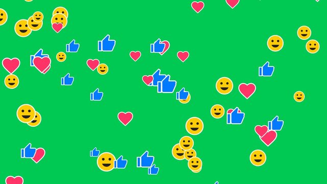Animated feedback symbols drift vertically on a green screen to visualize intense audience participation and viral connectivity.