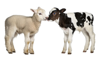 Fototapeta premium Fluffy white lamb and black and white calf touching noses, isolated on transparent background
