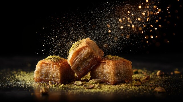 Baklava pastry with pistachio nut powder falling on black background. Traditional middle eastern sweet dessert sprinkled with crushed nuts. Gourmet food photography for culinary blog.