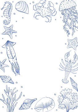 Ocean life vertical square frame with jellyfish, crab, lobster, seahorse, shells and coral. Hand drawn vector illustration in vintage style for postcard, branding, print, banner with blank copy space