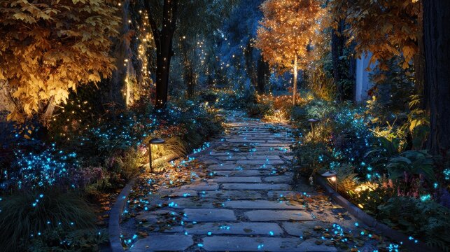 Stone path in magical forest with glowing blue flowers and golden fairy lights on trees. Night garden landscape with enchanted atmosphere. Mystical park scenery for holiday fairy tale.