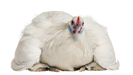 Fluffy white Silkie chicken with blue facial skin, isolated on transparent background © Lukas