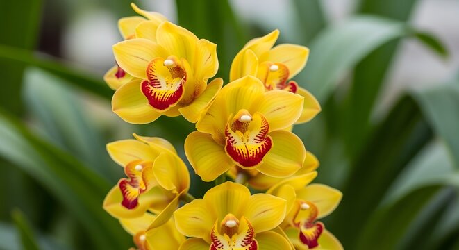 Vibrant yellow orchid bloom a close up of exotic floral beauty in lush greenery