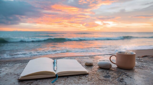 Open notebook with pen and hot coffee cup on ocean shore at sunset. Relaxation and peaceful creative writing concept. Inspirational beach scenery for dream planning and vacation journal.