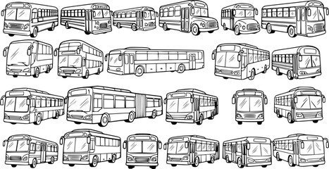 Naklejka premium Black and White Line Art Collection of Various Bus Types for Transportation Industry Vector
