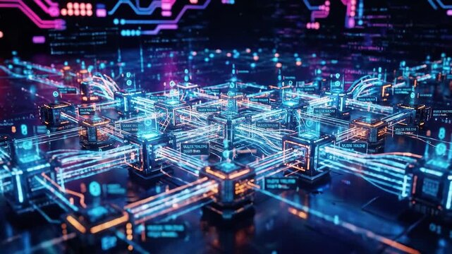 A dynamic blockchain network visualization with glowing nodes and data streams flowing across a vibrant background, interconnected digital structures suggesting secure data exchange, cinematic